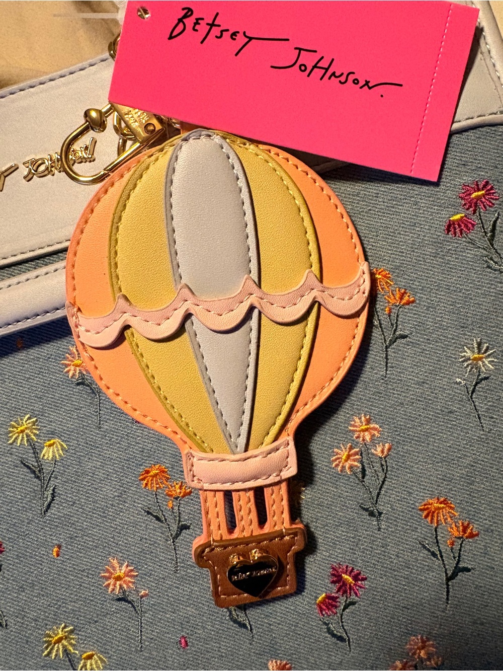 Betsey Johnson Denim Floral Satchel with Pastel Hot Air Balloon Charm NWT 💐 - Picture 12 of 13